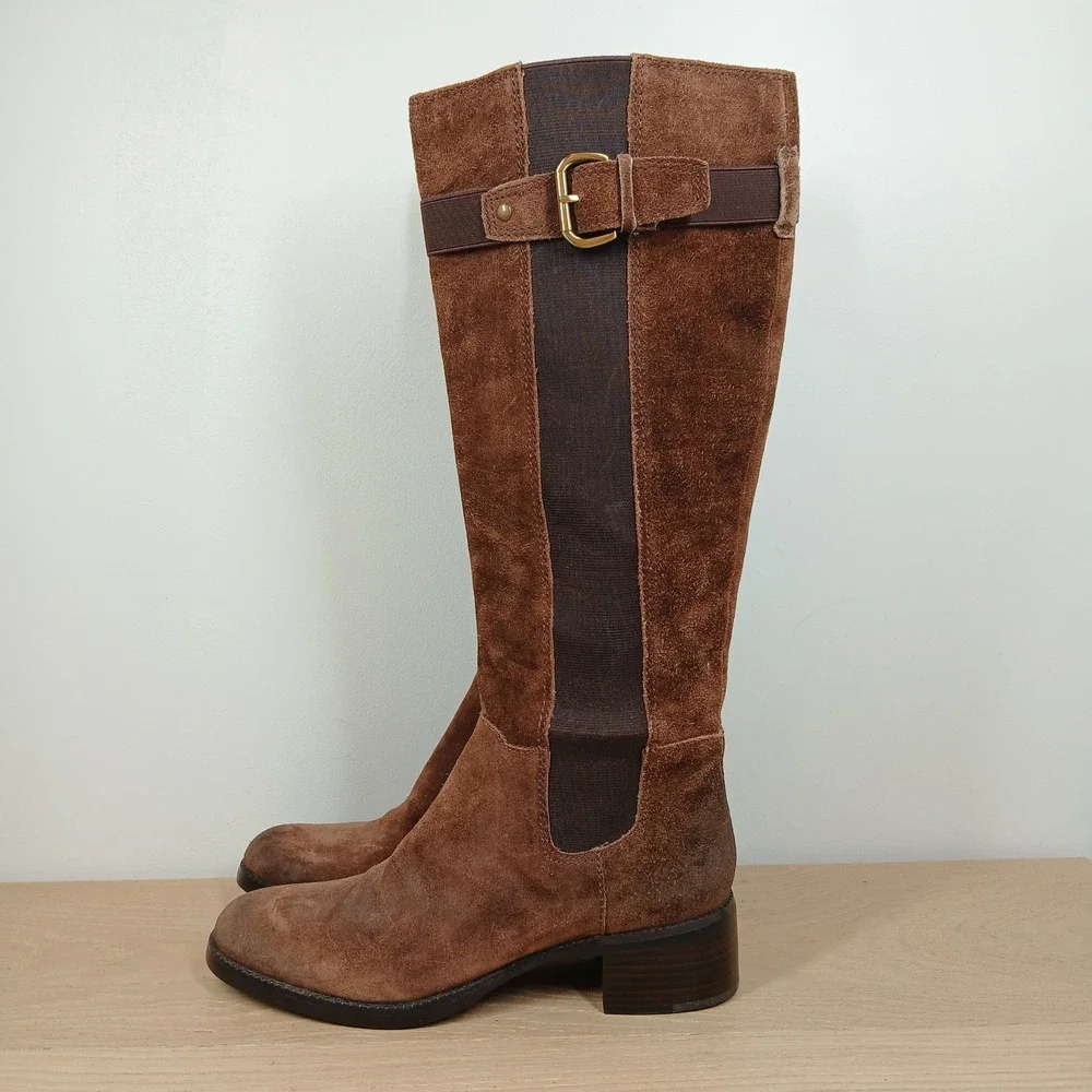 Franco Sarto Women's 7 Brown Suede Tall Riding Boots Buckle Stretch Calf